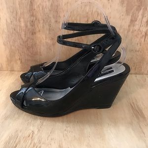 White House Black Market Black Wedges with ankle strap. Size: 7.5